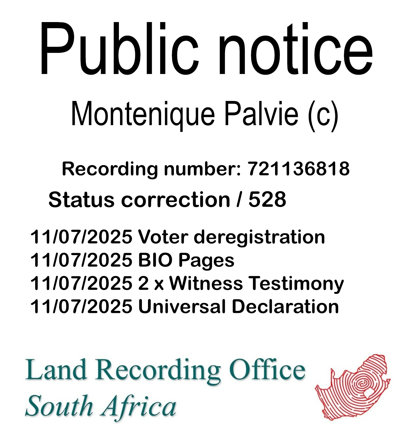 Public notice Montenique Palvie (c) Recording number 721136818
